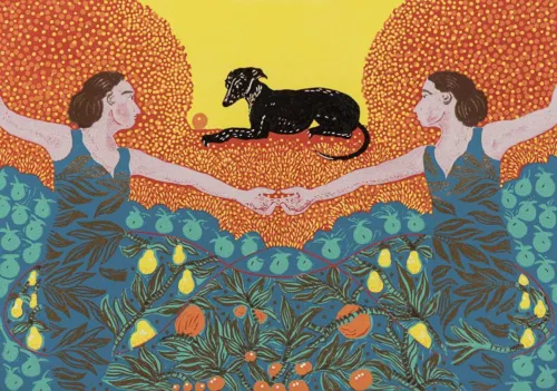 Scott_Gwen,Gatekeepers of the orchard[Reduction linocut]