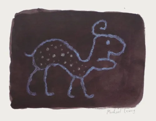 Michael Leunig BEAST GOING TO WORK, 2018, acrylic paint on paper, 24.5 x 31 cm