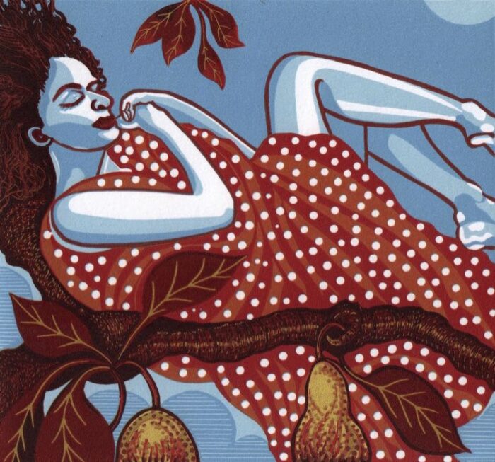 Scott Gwen Pomona in the pear tree [reduction linocut]2017