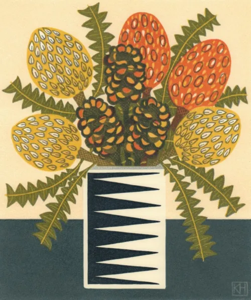 Kate Hudson Triangle Vase & Banksias 26 x 22cm paper 38 x 28cm $475