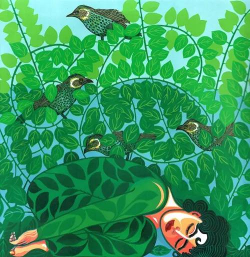 Scott Gwen, Enveloped with birds, Reduction linocut, 2020