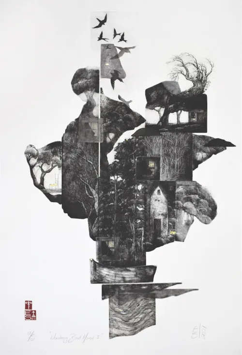 Elmari Steyn Wandering Boat House I aquatint multi-plate etching, aquatint and chine-collé, hand colouring with 23k gold leaf. 68 x 45cm (Irregular) $2,500
