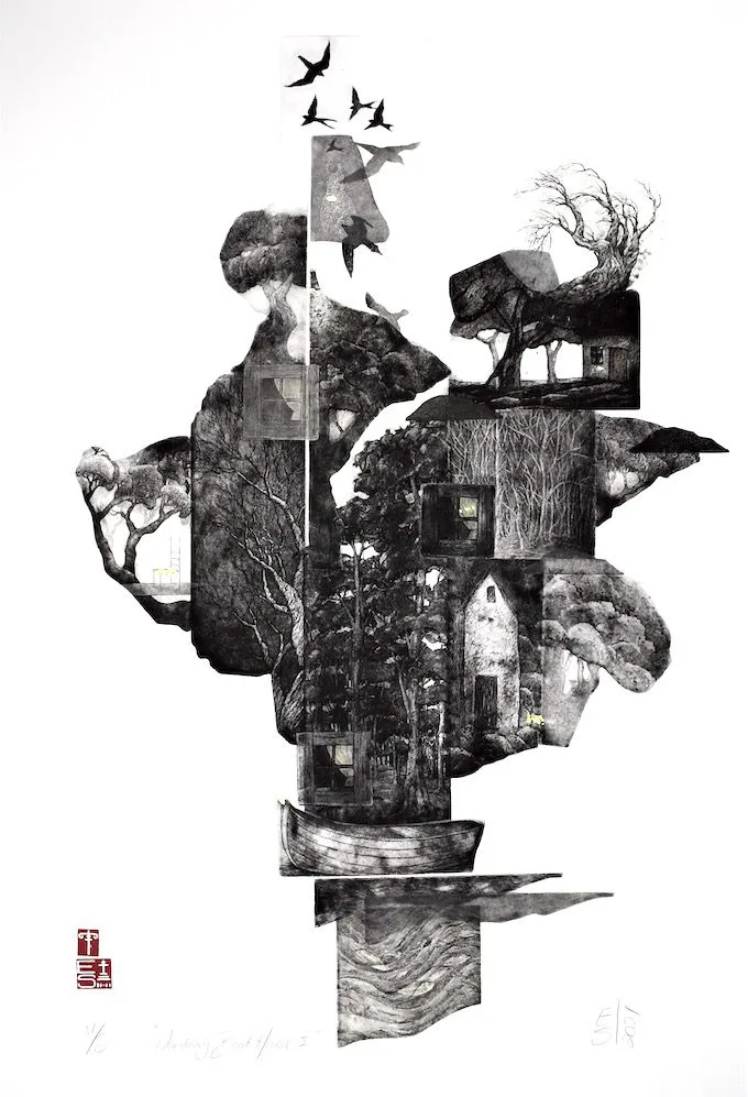 Elmari Steyn Wandering Boat House I aquatint multi-plate etching, aquatint and chine-collé, hand colouring with 23k gold leaf. 68 x 45cm (Irregular) $2,500