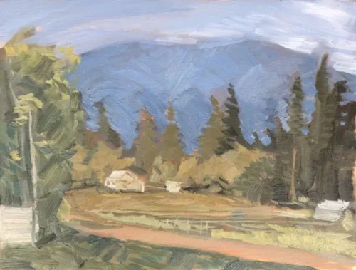 Brett Mallon - Farm House on 40th Street Size- 12 x 8” Medium- Oil on Board Year- 2021 Price- $650