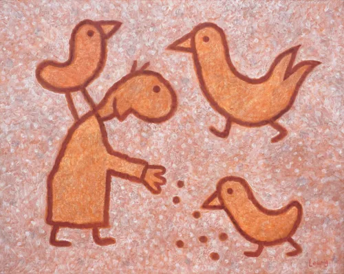 Michael Leunig Feeding the fowls 2021 acrylic on canvas 41x51cm