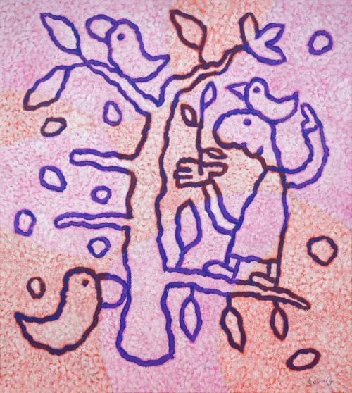 Michael Leunig Holy Fool in the Tree 2021 acrylic on wood 50x45cm