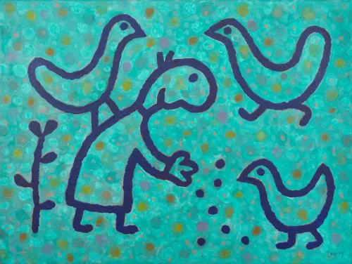Michael Leunig Feeding the fowls (aqua) 2021 acrylic on linen 46x61cm