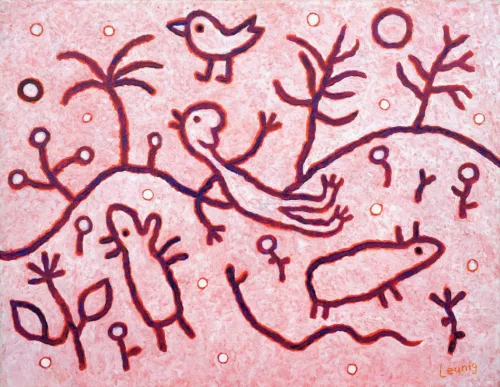 Michael Leunig Beasts and creatures 2021 acrylic on canvas 35.5x45.5cm