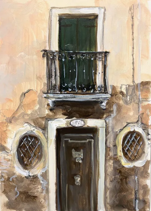 Soula Mantalvanos 1982 Salizada San Stae, Venice 2022. Acrylic on panel 18 x 13cm acrylic and conte on panel $690