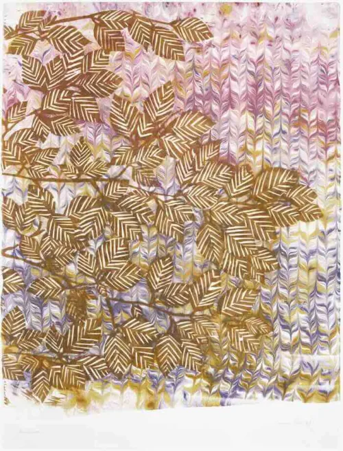 Lucinda Tanner Valued at Zero; Nurture, 2022 56 x 76cm woodcut, marbling on Somerset 300gsm unique state