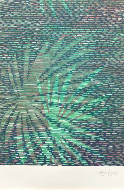 Lucinda Tanner Palmito Mix & Match 10, 2020 35 x 56cm multi-colour woodcut on Somerset 300gsm unique state
