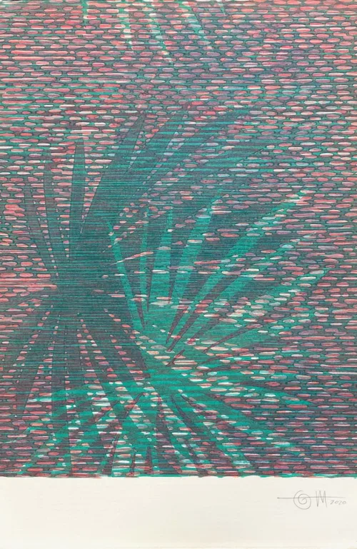 Lucinda Tanner Palmito Mix & Match 9, 2020 35 x 56cm multi-colour woodcut on Somerset 300gsm unique state