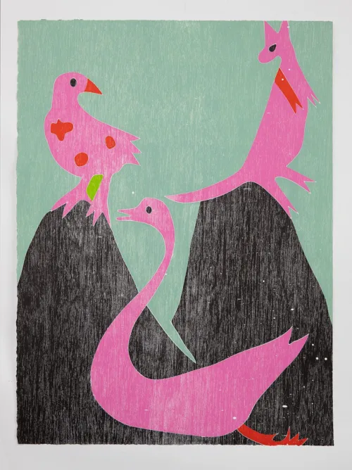 Katherine Hattam Strange Country, 2022 jigsaw woodblock print on BFK Rives paper 76 x 57 cm; 87 x 68 cm f Edition of 15 $2,000 framed