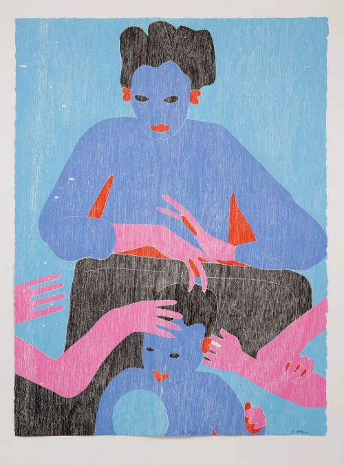 Katherine Hattam The Pinch, 2022 jigsaw woodblock print on BFK Rives paper 76 x 57 cm; 87 x 68 cm framed Edition of 15 $2,000 framed