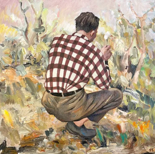 Steve Lopes Crouching figure & Landscape, oil on canvas 35.7 x 35.5,2021, $2600