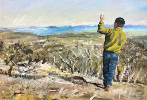 Steve Lopes Bentarm figure and hilltop, oil on board, 38cm x 55cm, 2022, $3300