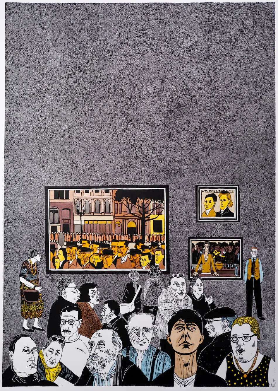 Sue Poggioli Collins St & The Bar 2022 Hand Coloured Linocut 100cm x 70 cm $2100 uf