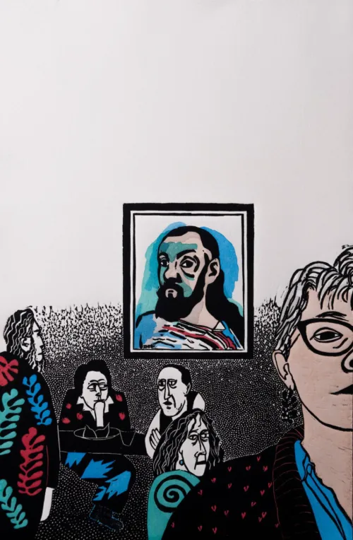 Sue Poggioli Matisse Selfie 2022 Hand Coloured Linocut 40 cm x 26 cm $330 uf