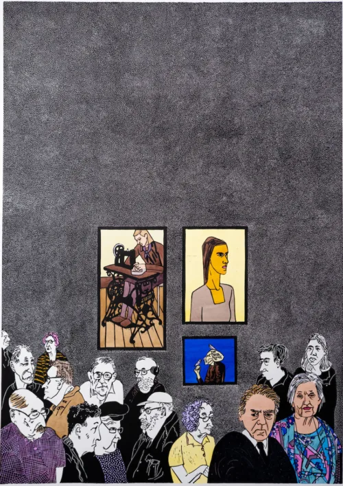 Sue Poggioli John Brack & Helen Maudsley 2022 Hand Coloured Linocut 100cm x 70 cm $2100 uf