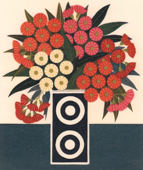 Kate Hudson Flowering Gums & Circle Vase reduction linocut Ed 35 $475 26 x 22cm