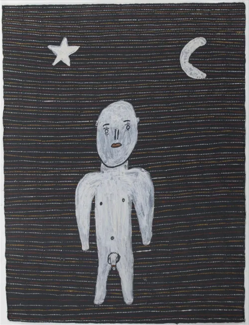 Columbiere Tipungwuti Japarra and Japalinga (Moon and Stars) locally sourced ochre on paper 56 x 76cm $1300 f