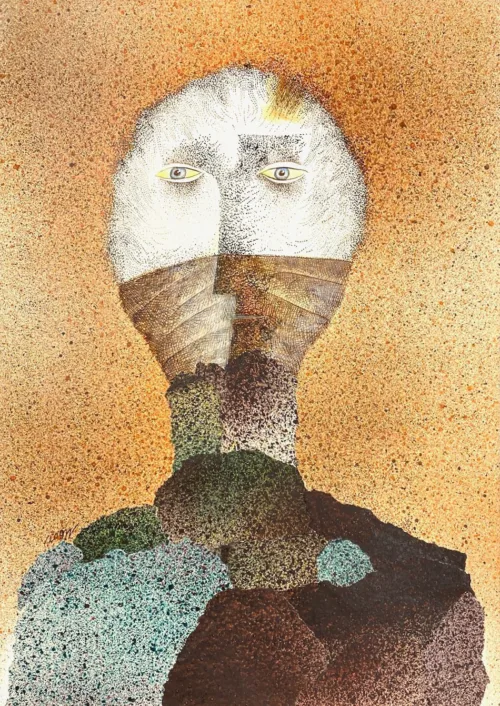 Jiri Tibor Novak Man Appeared From the Mountain ink drawing, colour blowing & collage on paper 30 x 21cm $1400