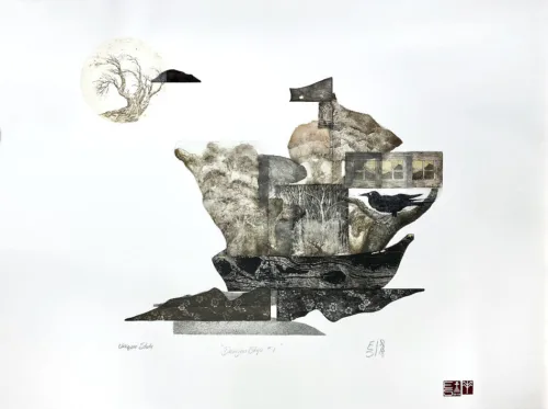 Elmari Steyn Denizen Ship I, 2020 multiplate etching, aquatint chine-colle hand colouring with 23k gold leaf paper size 56 x 76cm $1,700