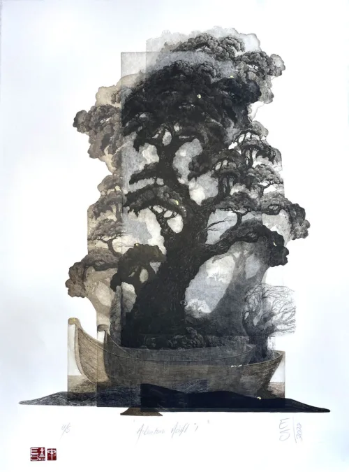 Elmari Steyn Arboretum Adrift I, 2022 multiplate etching, aquatint chine-colle, hand colouring with 23k gold leaf paper size 56 x 76cm $2,100