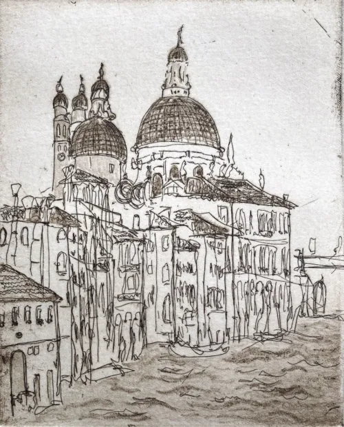 Soula Mantalvanos Domes, Grand Canal, Venice 2023 etching 12.5 x 10cm