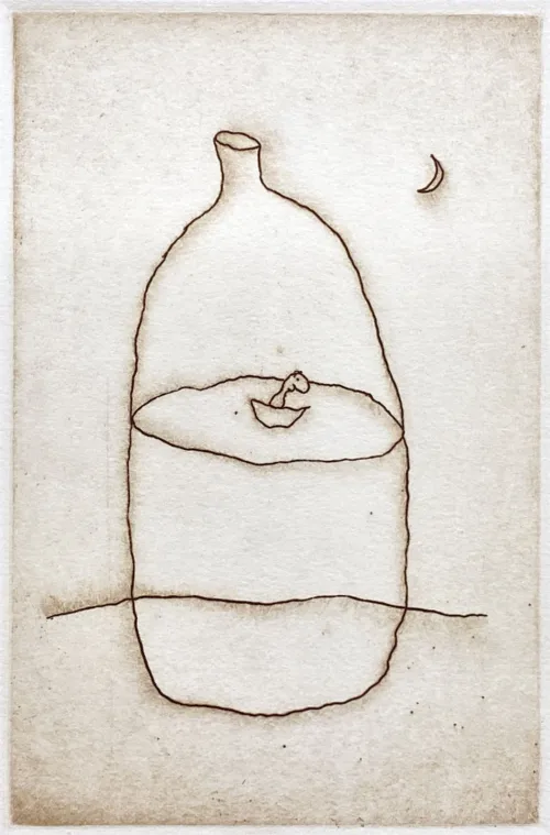 Bottle and Boat, 1991 Michael Leunig engraving 18.3 x 11.8cm