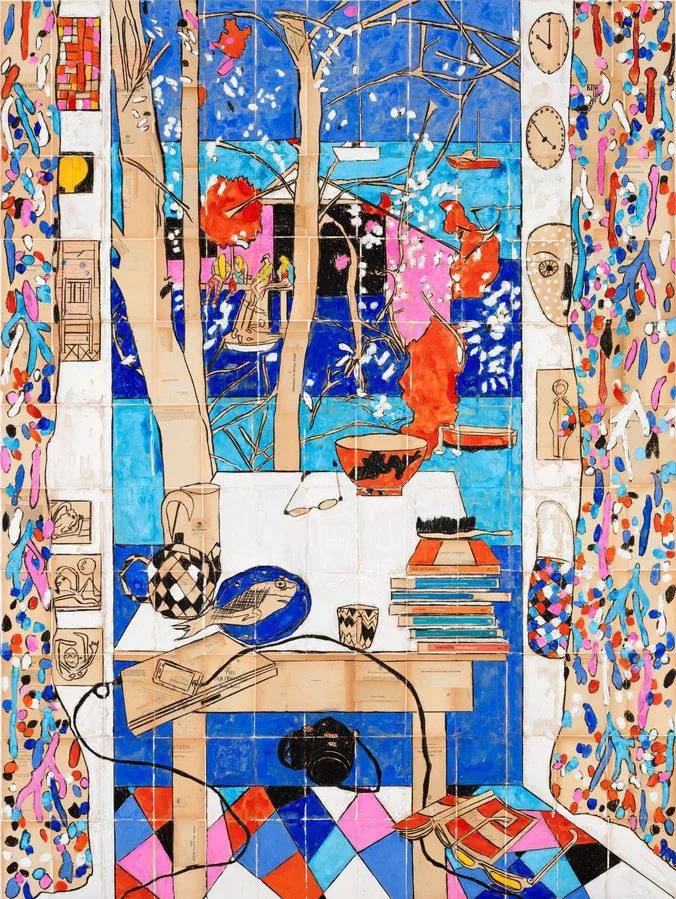 Sulman Prize finalist Pink boatshed Katherine Hattam collaged book pages, charcoal and gouache on linen 200 x 150.5 cm