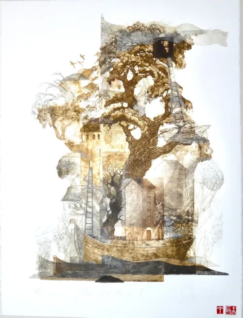 Elmari Steyn Slow Boat House III - 76 x 56cm multi-plate etching, aquatint and chine-collé, hand colouring with 23k gold leaf.$2,100