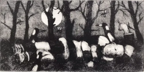 Philip Davey Midnight Magpies etching $375 11x22cm Edition of 12