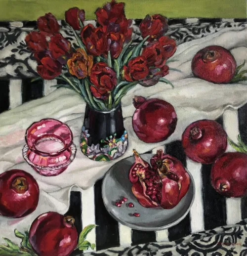 Tulips with Pomegranates and Ruby Glass oil on linen 46 x 45cm $1,600f