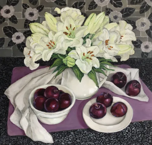 Marian Blank Plums with Lilies oil on board 63 x 66cm $2,200f
