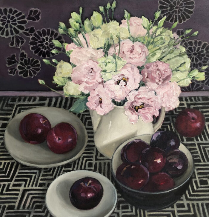 Marian Blank Lisianthus with Plums oil on board 40 x 38cm $1,300f