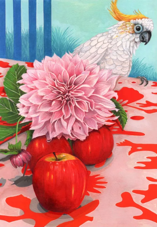 Gwen Scott Dahlia apples & cocky 2023 gouache & pencil 30 x 21cm $1,200f