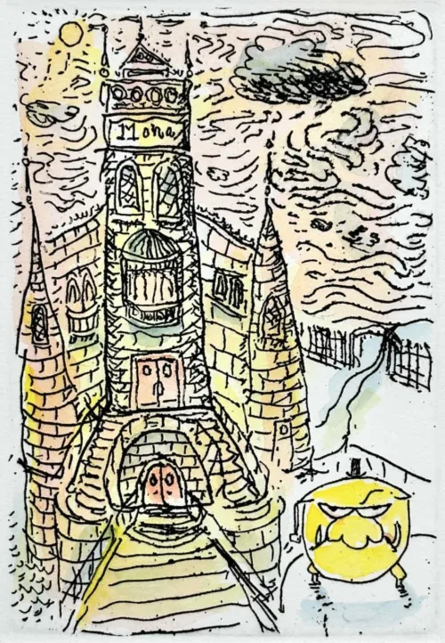 Leigh Hobbs Mr Chicken at Chateau Mona h-col etching edition of 100 14.5x9.7cm UF $400