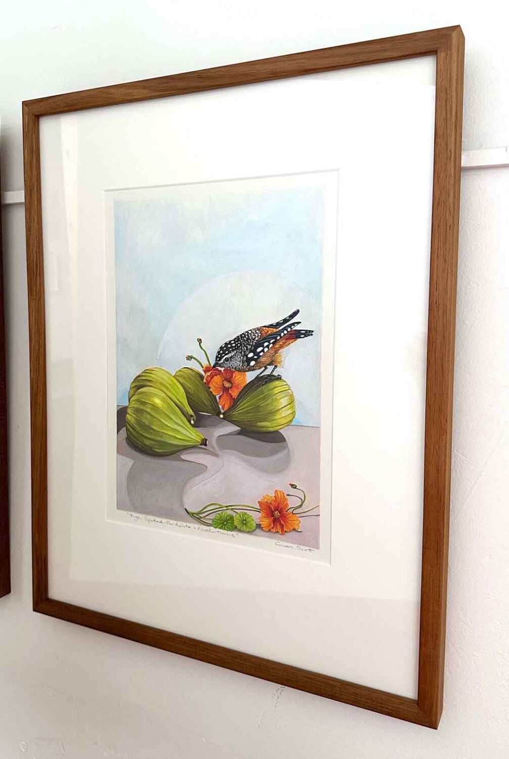 Gwen-Scott-Spotted-Pardalote-figs-&-nasturtiums-2023-gouache-30(h)-x-21(w)cm--$1,200framed