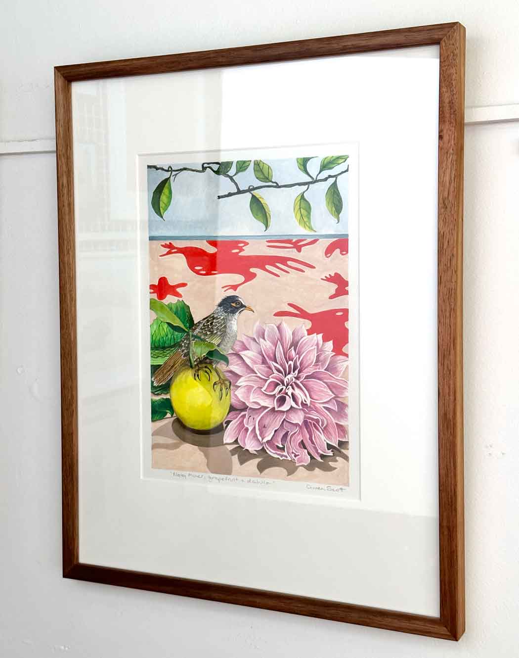 Gwen-Scott-Noisy-Miner,-grapefruit-&-dahlia-2023-gouache-30-x-21cm$1,200-framed