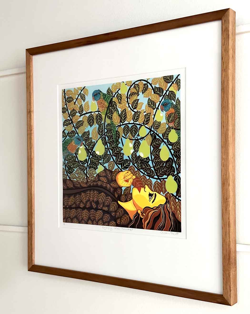 Gwen-Scott-Enjoying-the-Harvest-reduction-linocut-2023-image-size-30-x-30-cm-paper-size-47-x-38cm-$450uf-$595framed