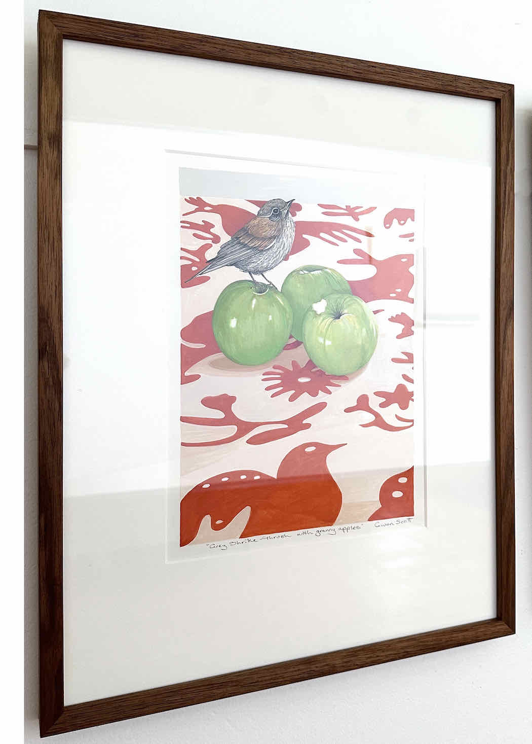 Gwen Scott Grey shrike-thrush with granny apples goauche & pencil 2022 $1,320f (1)