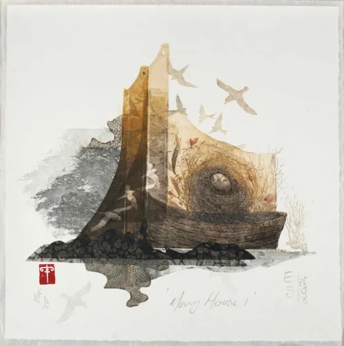 Elmari Steyn Moving House I Multi-plate Etching, Aquatint and Chine-collé, Hand colouring with 23k gold leaf 31.5 x 31.5cm $850 f