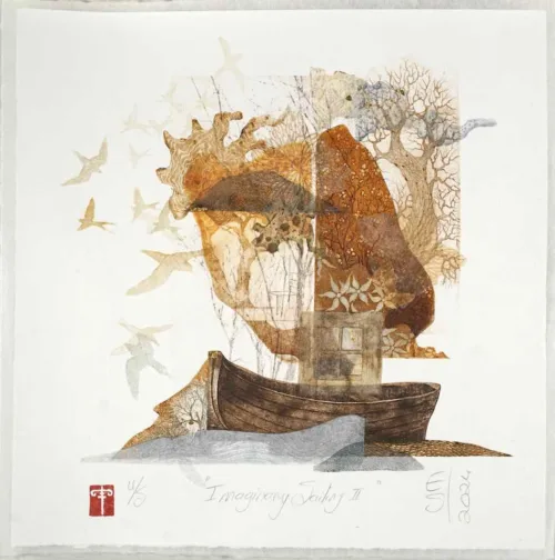 Elmari Steyn Imaginary Sailing II Multi-plate Etching, Aquatint and Chine-collé, Hand colouring with 23k gold leaf 31.5 x 31.5cm $850 f