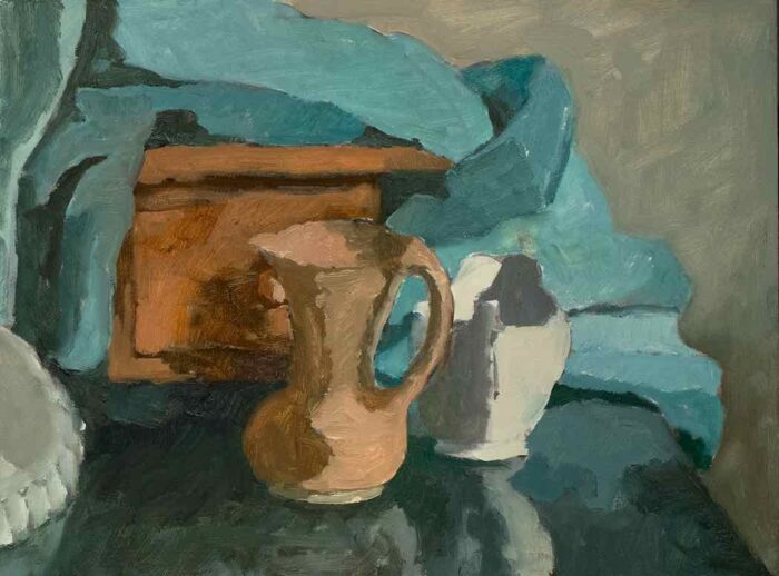 Still Life with Two Jugs & Blue Cloth #2 2022 (framed)