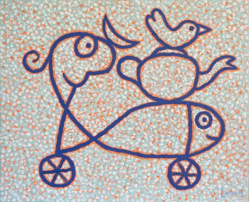 Michael Leunig Off to the Beach, 2023 acrylic on linen 46 x 56cm 5,500 f