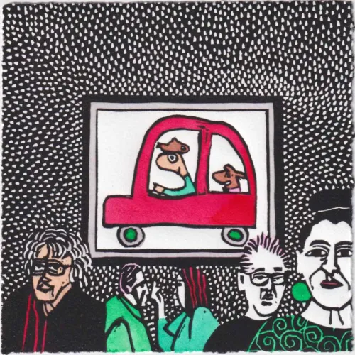Sue Poggioli The Red Car, homage Leunig handcoloured linocut 12 x 12cm