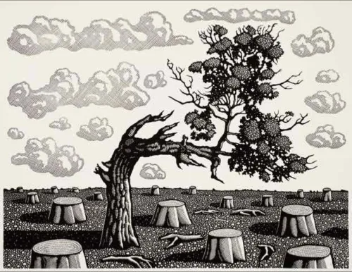 David Frazer The Crooked Tree 2024 linocut 51 x 67.5cm Edition 50