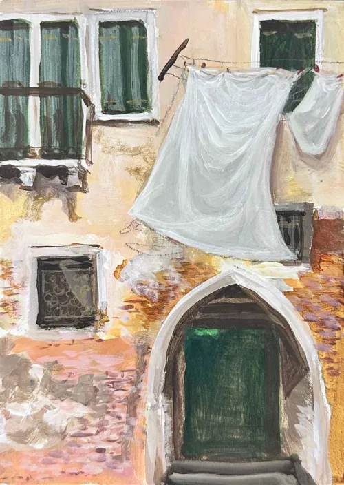 Soula Mantalvanos Fondamenta S. Felice Venice Washing Day I 18 x 13cm acrylic and conte on panel $690