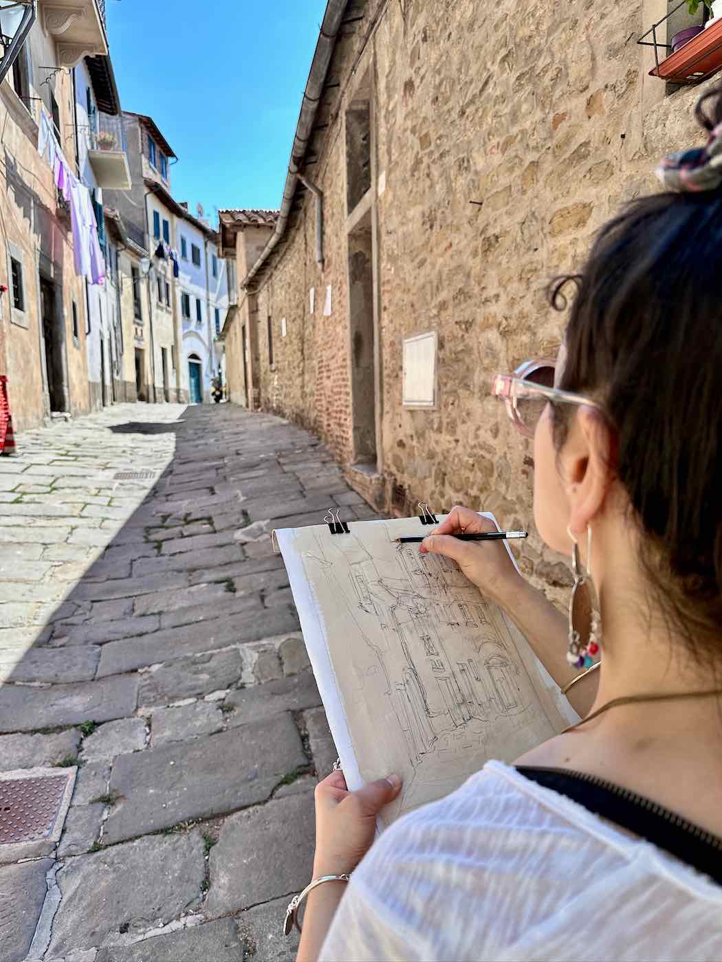 Painting prep, sketching in Cortona